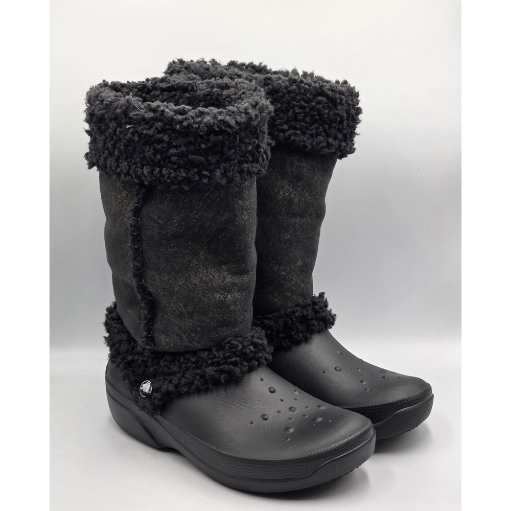 Crocs Nadia Womens Size 10 Black Faux Fur Fleece Pull On Winter Boots Comfy